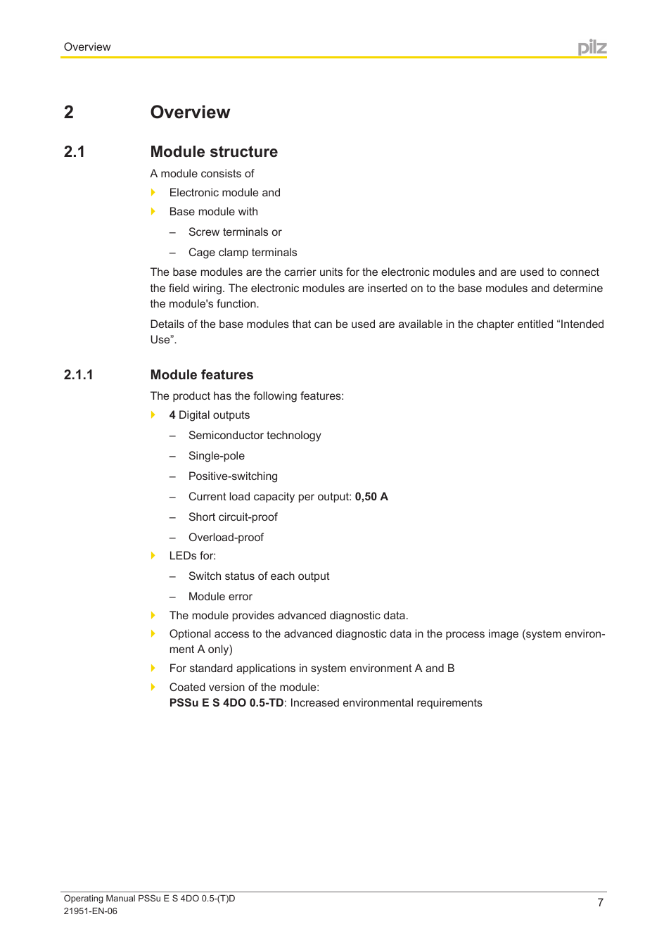 2 overview, 1 module structure, 1 module features | Section 2, Overview, Module structure, Module features | Pilz PSSu E S 4DO 0.5-D User Manual | Page 7 / 32