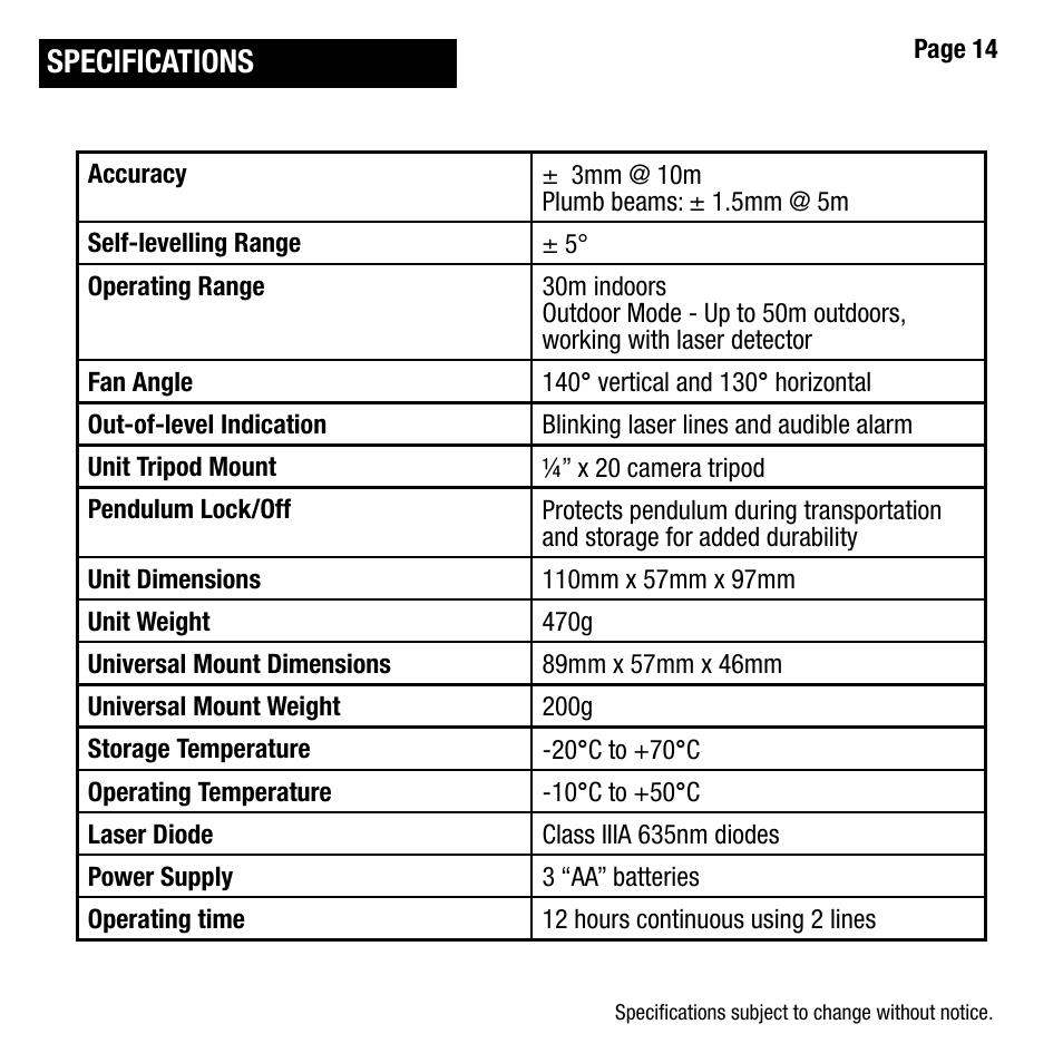 Specifications | Cooper Hand Tools LUFKIN LCL4 User Manual | Page 14 / 17