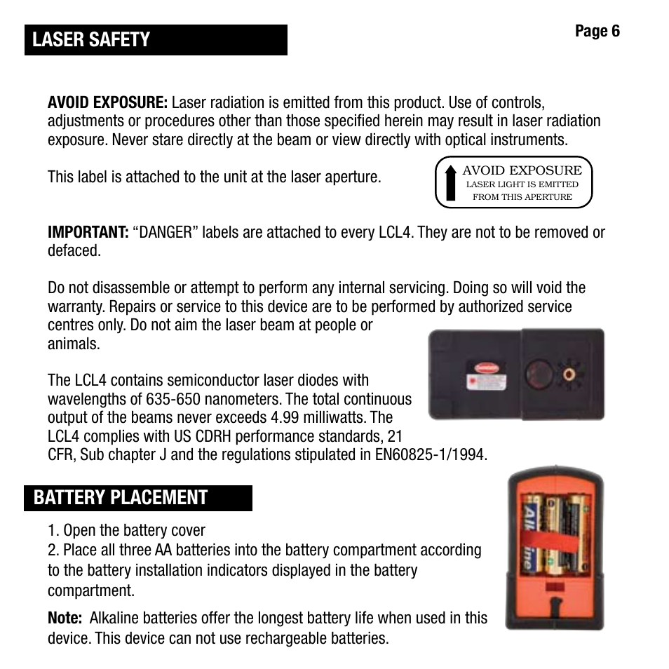 Laser safety, Battery placement | Cooper Hand Tools LUFKIN LCL4 User Manual | Page 6 / 17