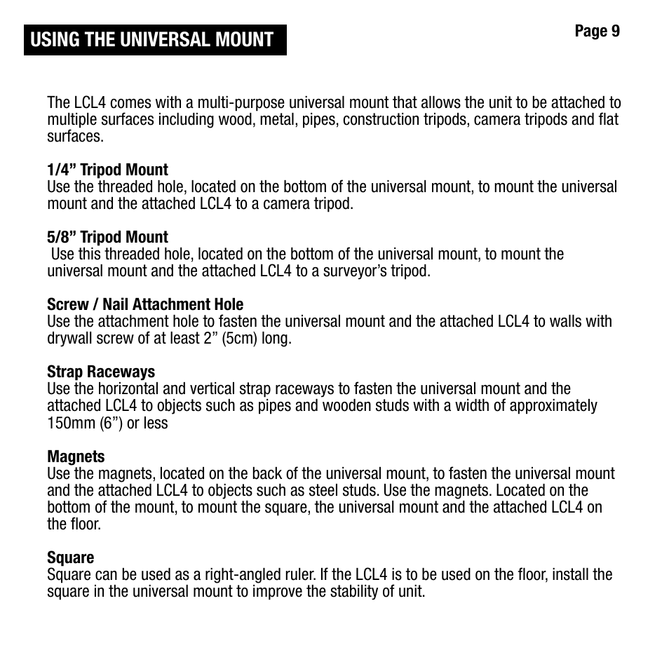 Using the universal mount | Cooper Hand Tools LUFKIN LCL4 User Manual | Page 9 / 17