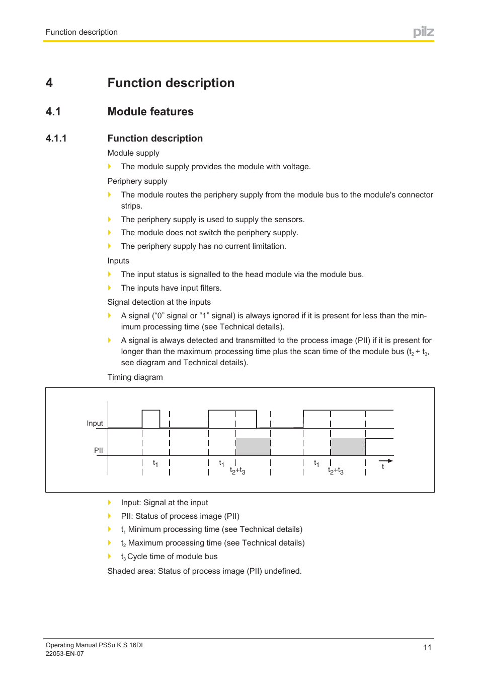 4 function description, 1 module features, 1 function description | Section 4, Function description, Module features, 4function description | Pilz PSSu K S 16DI User Manual | Page 11 / 31