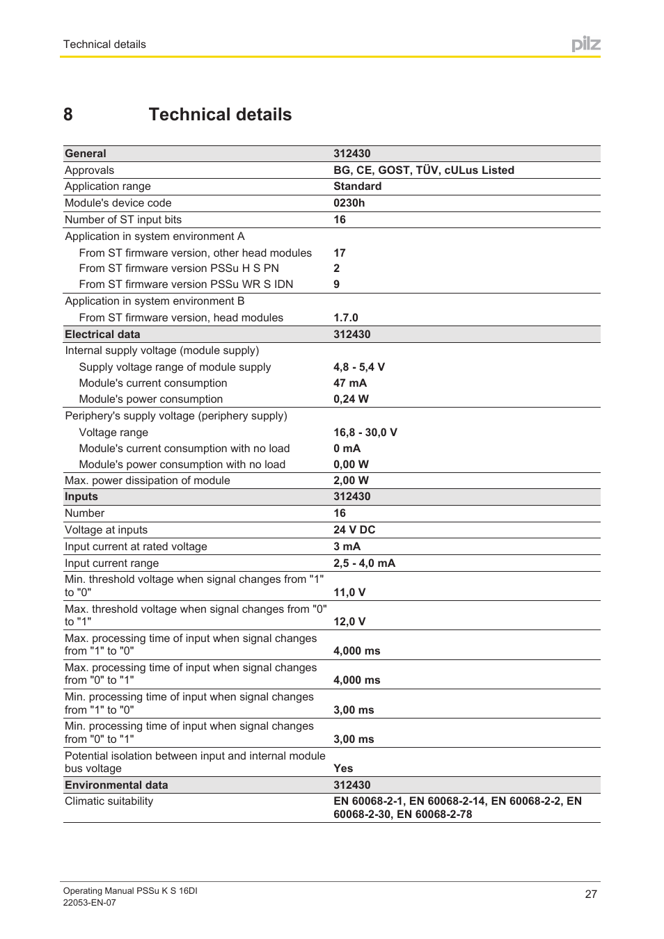 8 technical details, Section 8, Technical details | 8technical details | Pilz PSSu K S 16DI User Manual | Page 27 / 31