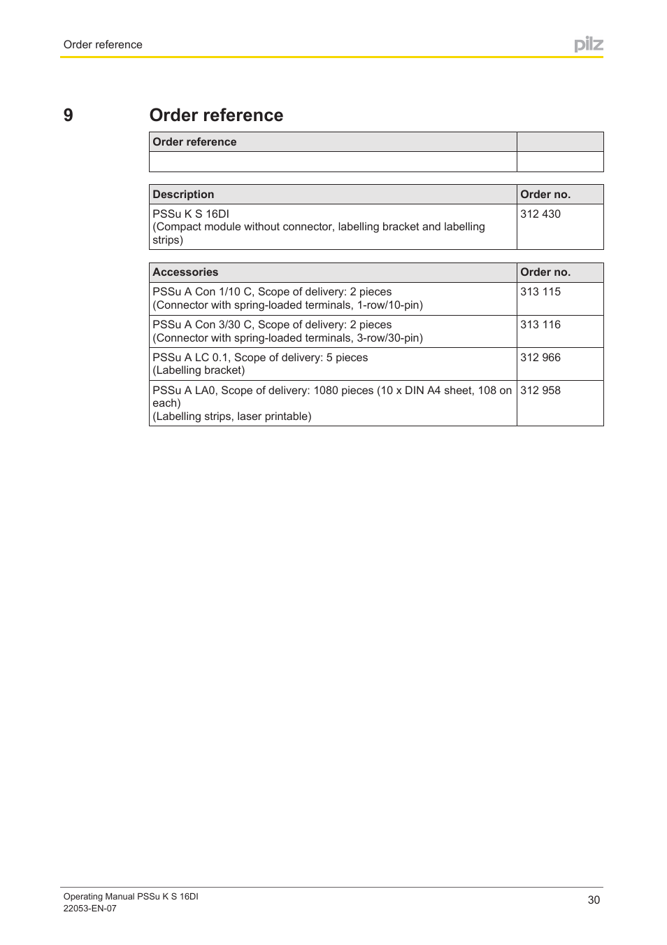 9 order reference, Section 9, Order reference | 9order reference | Pilz PSSu K S 16DI User Manual | Page 30 / 31