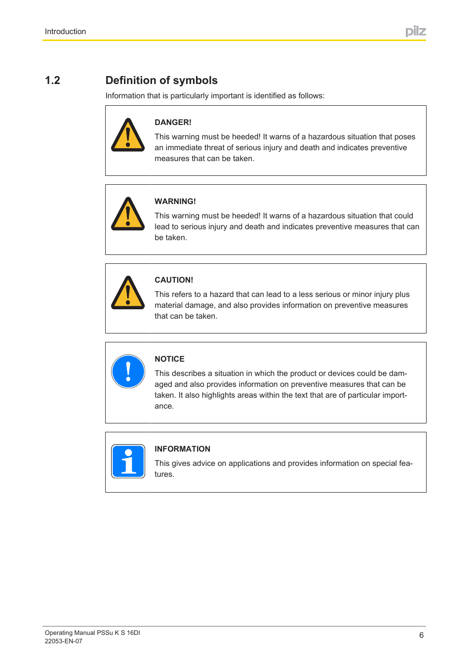 2 definition of symbols, Definition of symbols | Pilz PSSu K S 16DI User Manual | Page 6 / 31