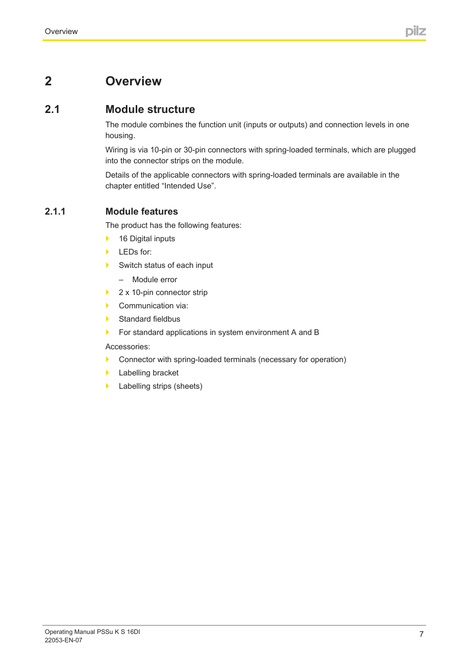 2 overview, 1 module structure, 1 module features | Section 2, Overview, Module structure, Module features, 2overview | Pilz PSSu K S 16DI User Manual | Page 7 / 31