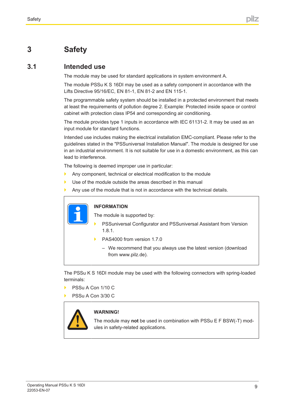 3 safety, 1 intended use, Section 3 | Safety, Intended use, 3safety | Pilz PSSu K S 16DI User Manual | Page 9 / 31