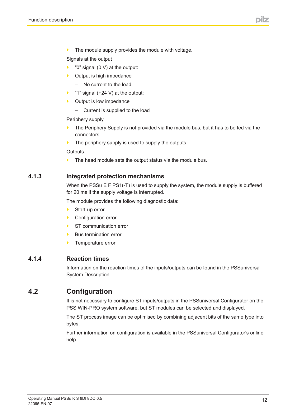 3 integrated protection mechanisms, 4 reaction times, 2 configuration | Integrated protection mechanisms, Reaction times, Configuration | Pilz PSSu K S 8DI 8DO 0.5 User Manual | Page 12 / 34