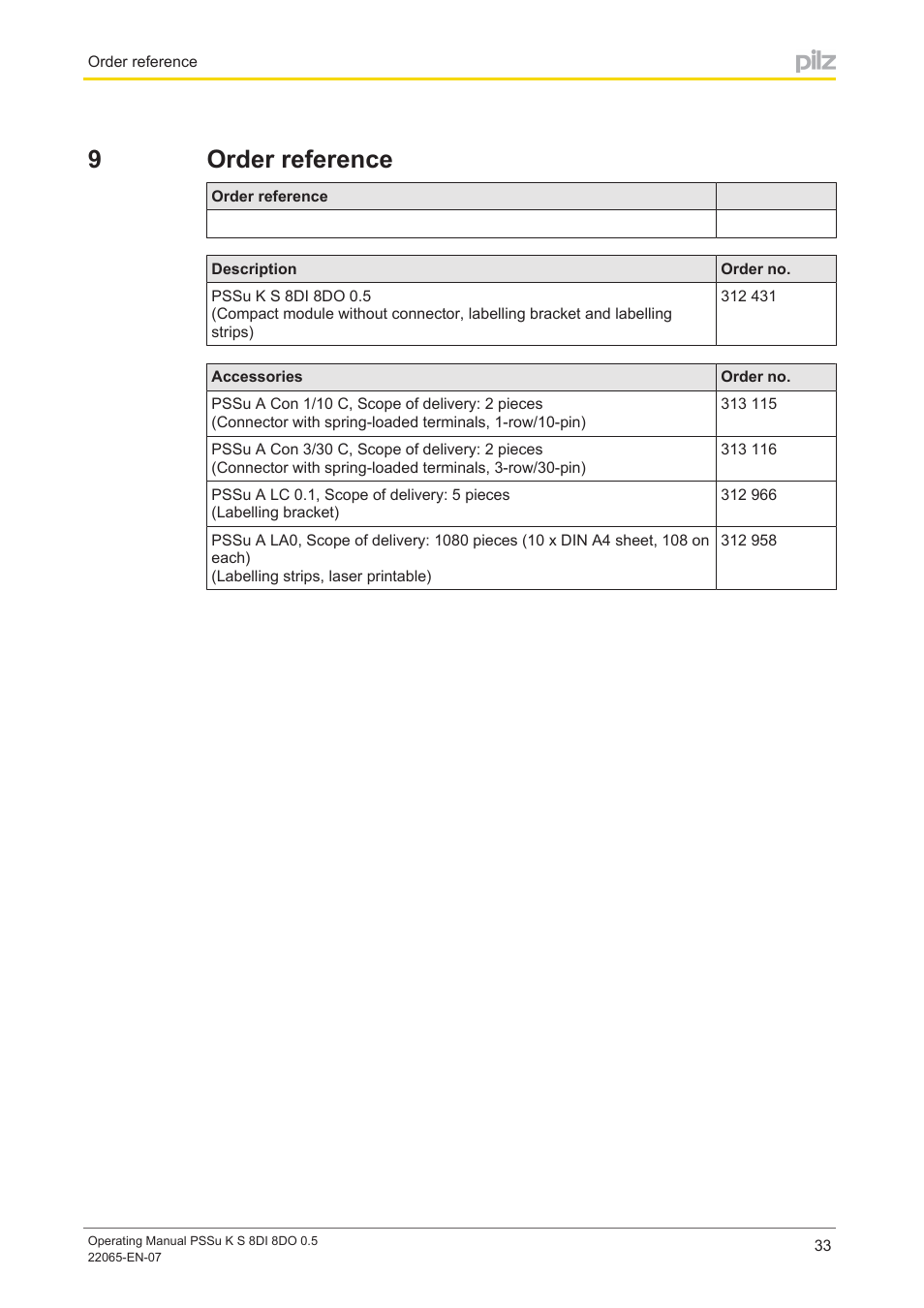 9 order reference, Section 9, Order reference | 9order reference | Pilz PSSu K S 8DI 8DO 0.5 User Manual | Page 33 / 34