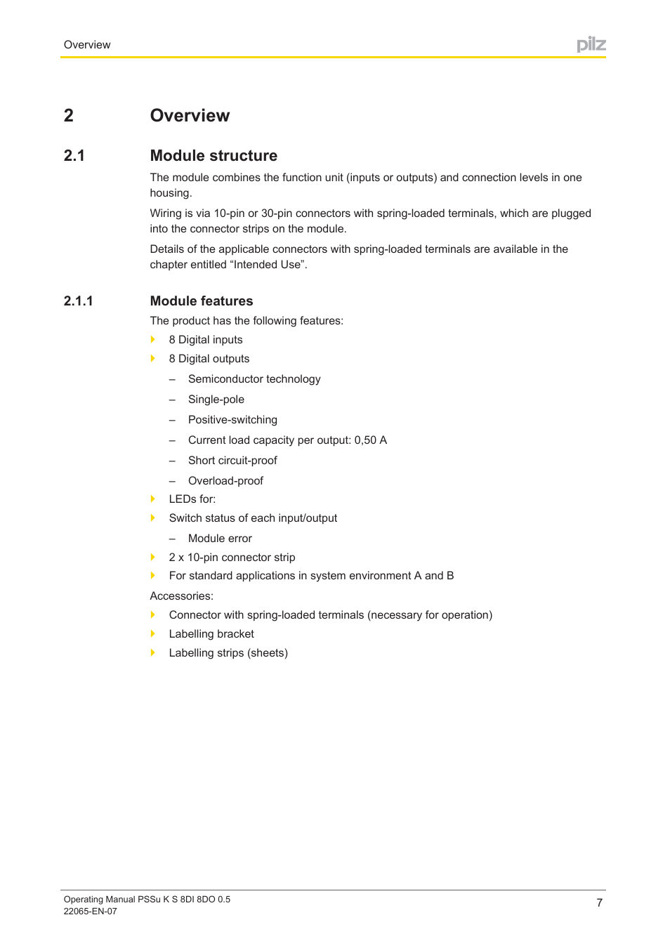 2 overview, 1 module structure, 1 module features | Section 2, Overview, Module structure, Module features, 2overview | Pilz PSSu K S 8DI 8DO 0.5 User Manual | Page 7 / 34