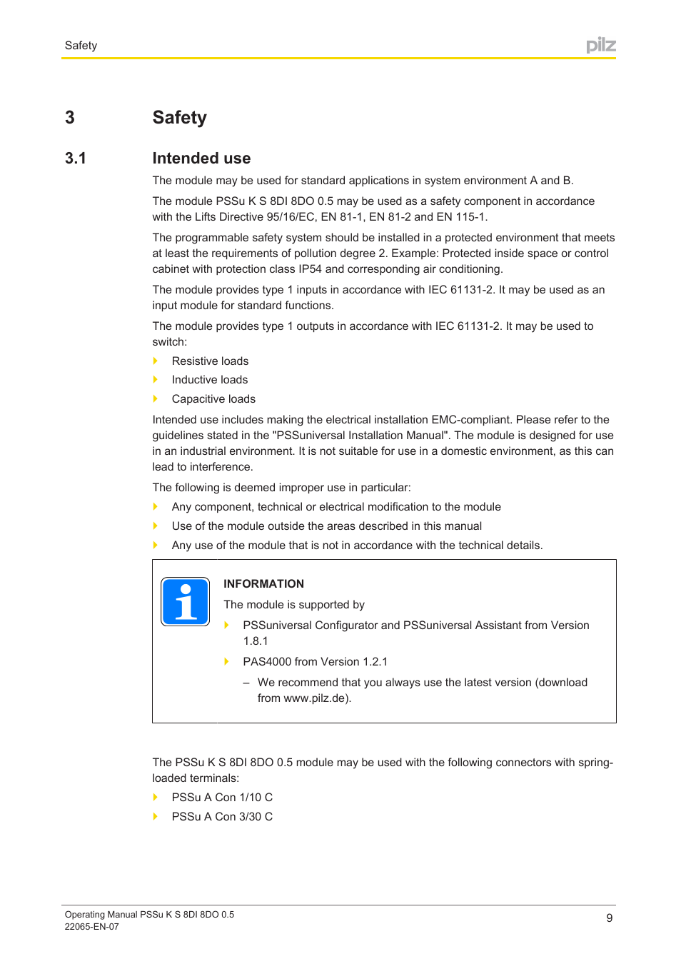 3 safety, 1 intended use, Section 3 | Safety, Intended use, 3safety | Pilz PSSu K S 8DI 8DO 0.5 User Manual | Page 9 / 34