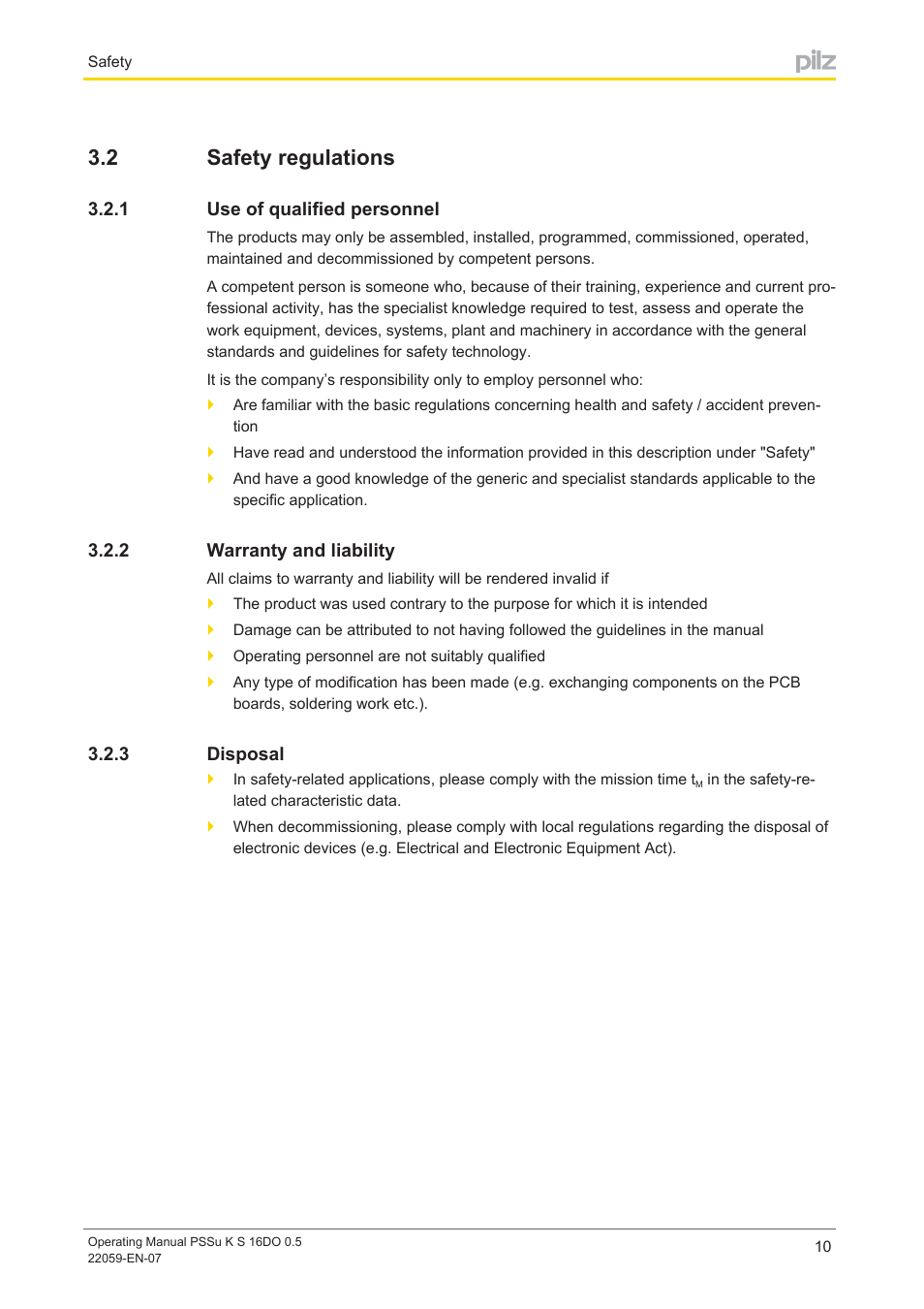 2 safety regulations, 1 use of qualified personnel, 2 warranty and liability | 3 disposal, Safety regulations, Use of qualified personnel, Warranty and liability, Disposal | Pilz PSSu K S 16DO 0.5 User Manual | Page 10 / 31