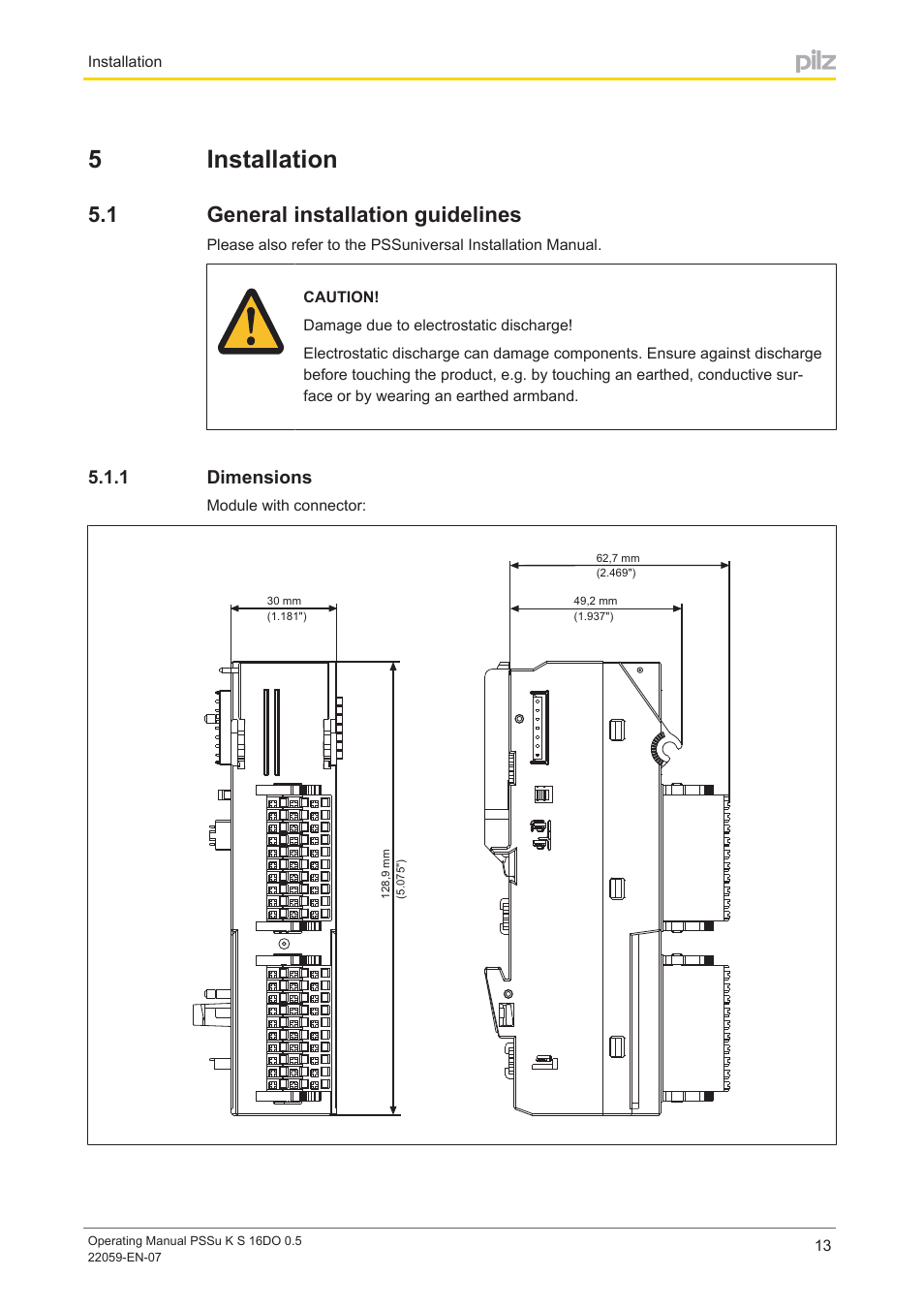 5 installation, 1 general installation guidelines, 1 dimensions | Section 5, Installation, General installation guidelines, Dimensions, 5installation | Pilz PSSu K S 16DO 0.5 User Manual | Page 13 / 31