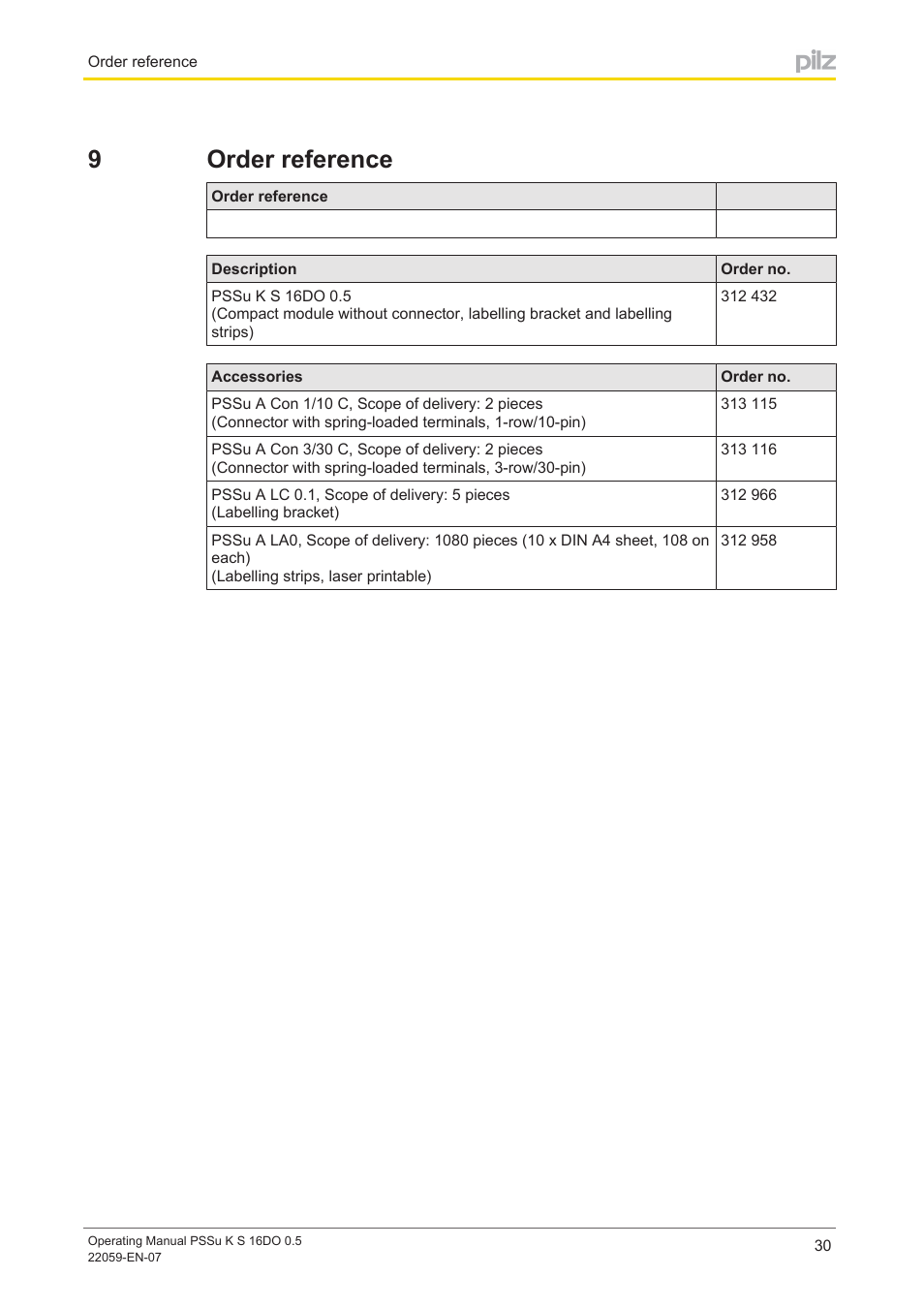 9 order reference, Section 9, Order reference | 9order reference | Pilz PSSu K S 16DO 0.5 User Manual | Page 30 / 31