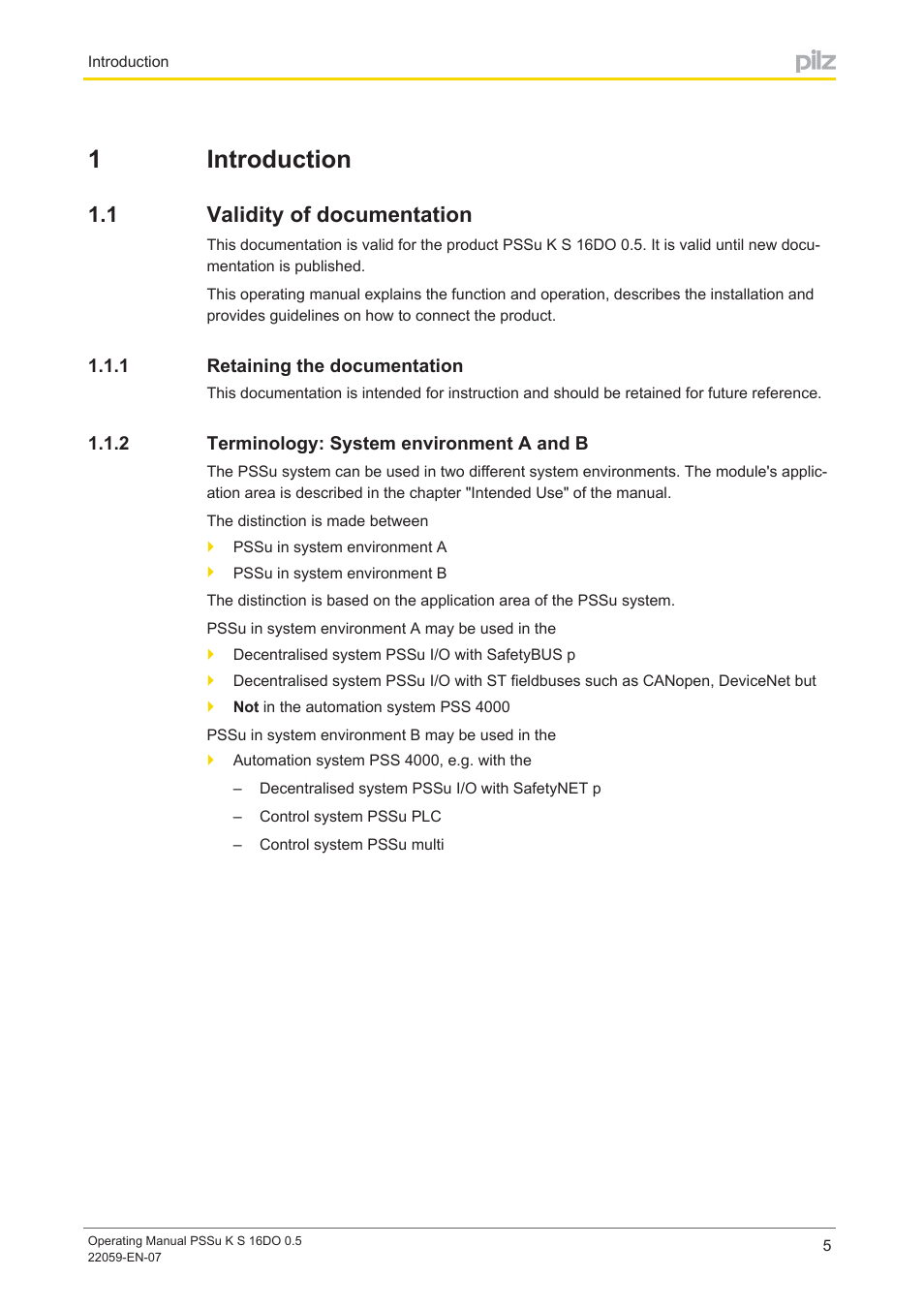 1 introduction, 1 validity of documentation, 1 retaining the documentation | 2 terminology: system environment a and b, Section 1, Introduction, Validity of documentation, Retaining the documentation, Terminology: system environment a and b, 1introduction | Pilz PSSu K S 16DO 0.5 User Manual | Page 5 / 31