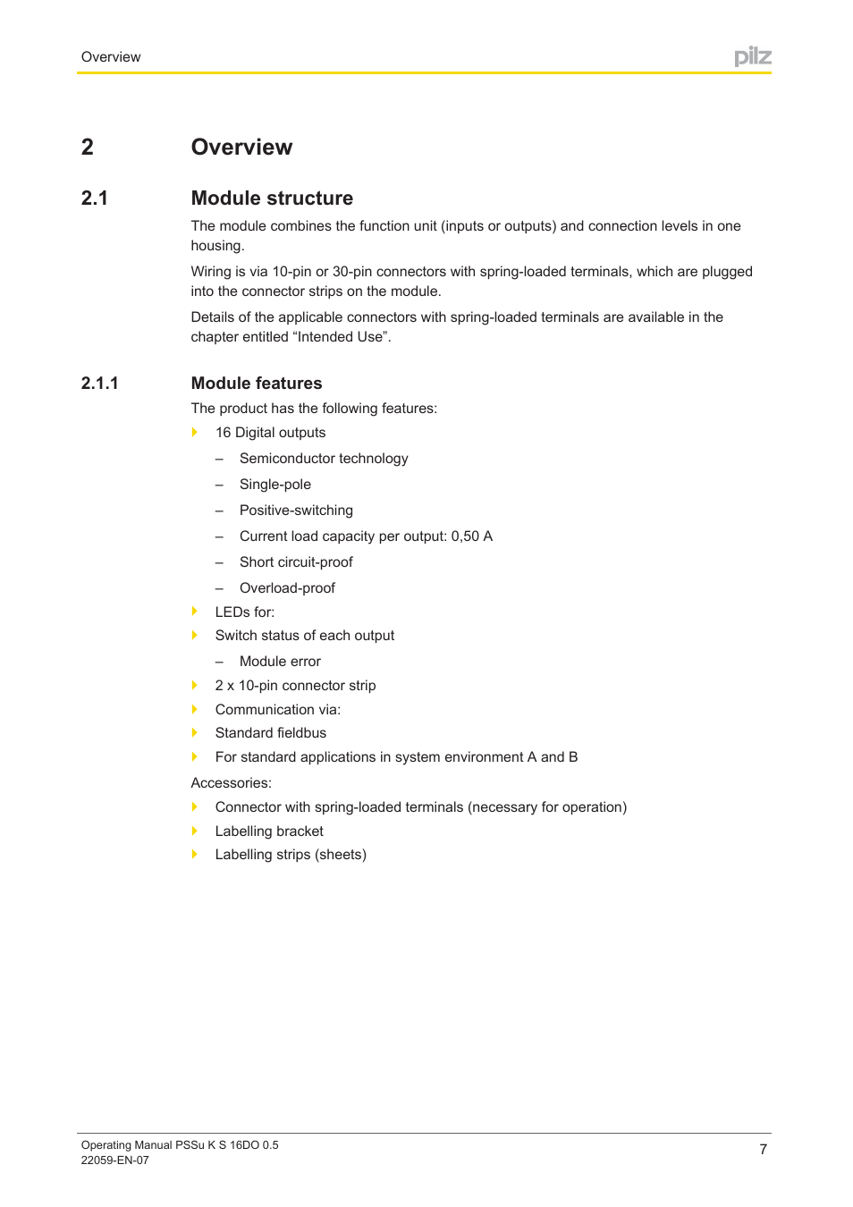 2 overview, 1 module structure, 1 module features | Section 2, Overview, Module structure, Module features, 2overview | Pilz PSSu K S 16DO 0.5 User Manual | Page 7 / 31