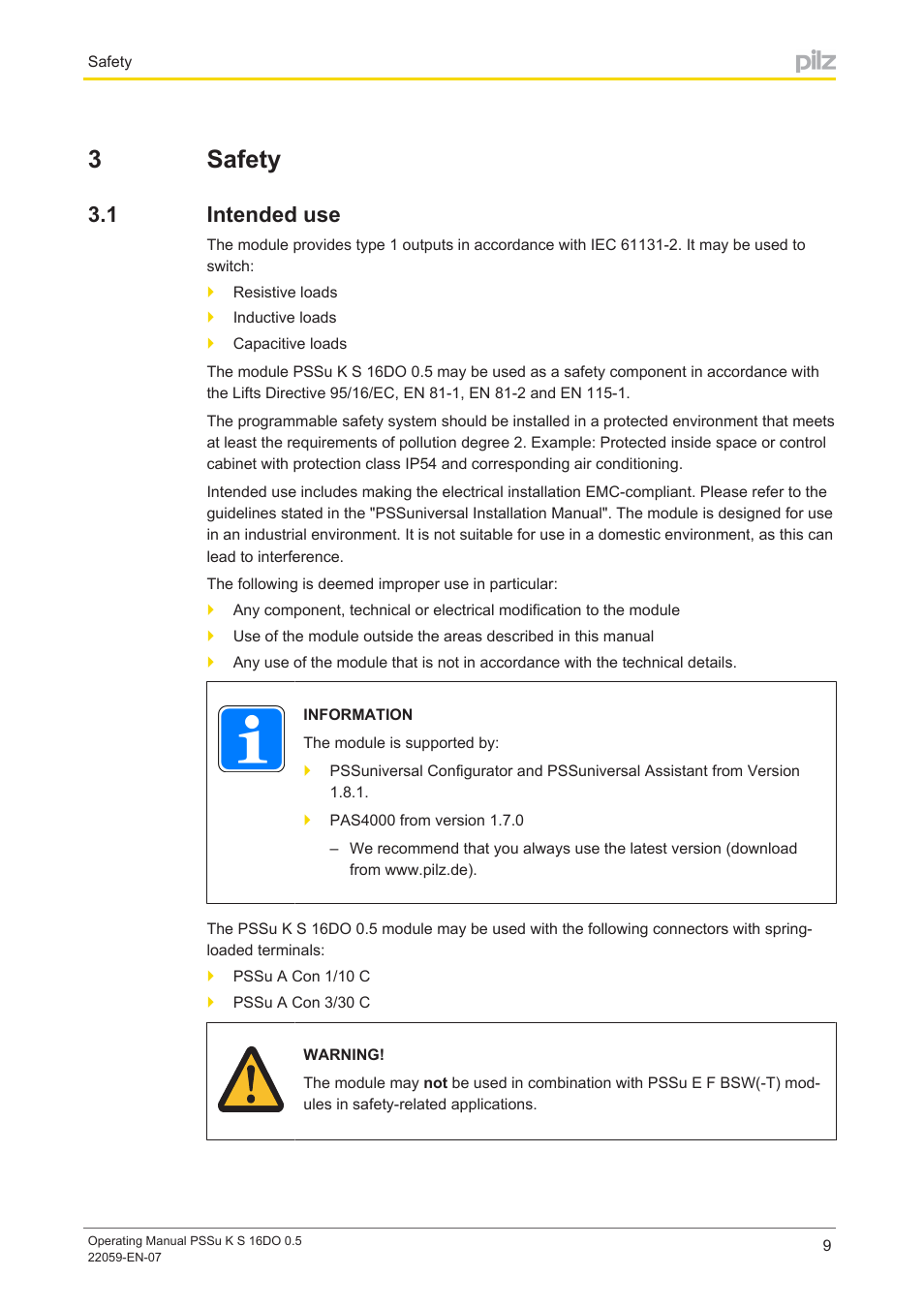 3 safety, 1 intended use, Section 3 | Safety, Intended use, 3safety | Pilz PSSu K S 16DO 0.5 User Manual | Page 9 / 31
