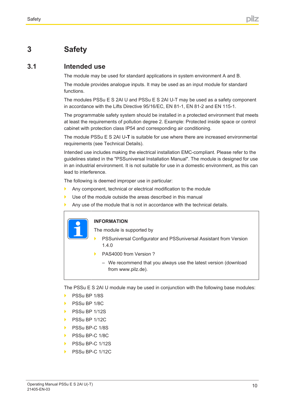 3 safety, 1 intended use, Section 3 | Safety, Intended use, 3safety | Pilz PSSu E S 2AI U User Manual | Page 10 / 43