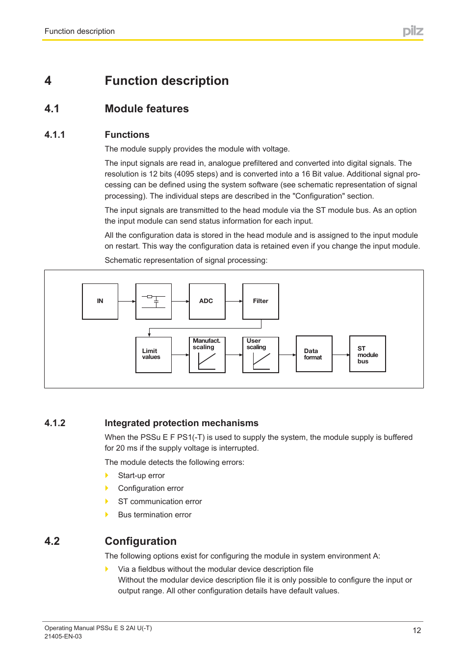 4 function description, 1 module features, 1 functions | 2 integrated protection mechanisms, 2 configuration, Section 4, Function description, Module features, Functions, Integrated protection mechanisms | Pilz PSSu E S 2AI U User Manual | Page 12 / 43