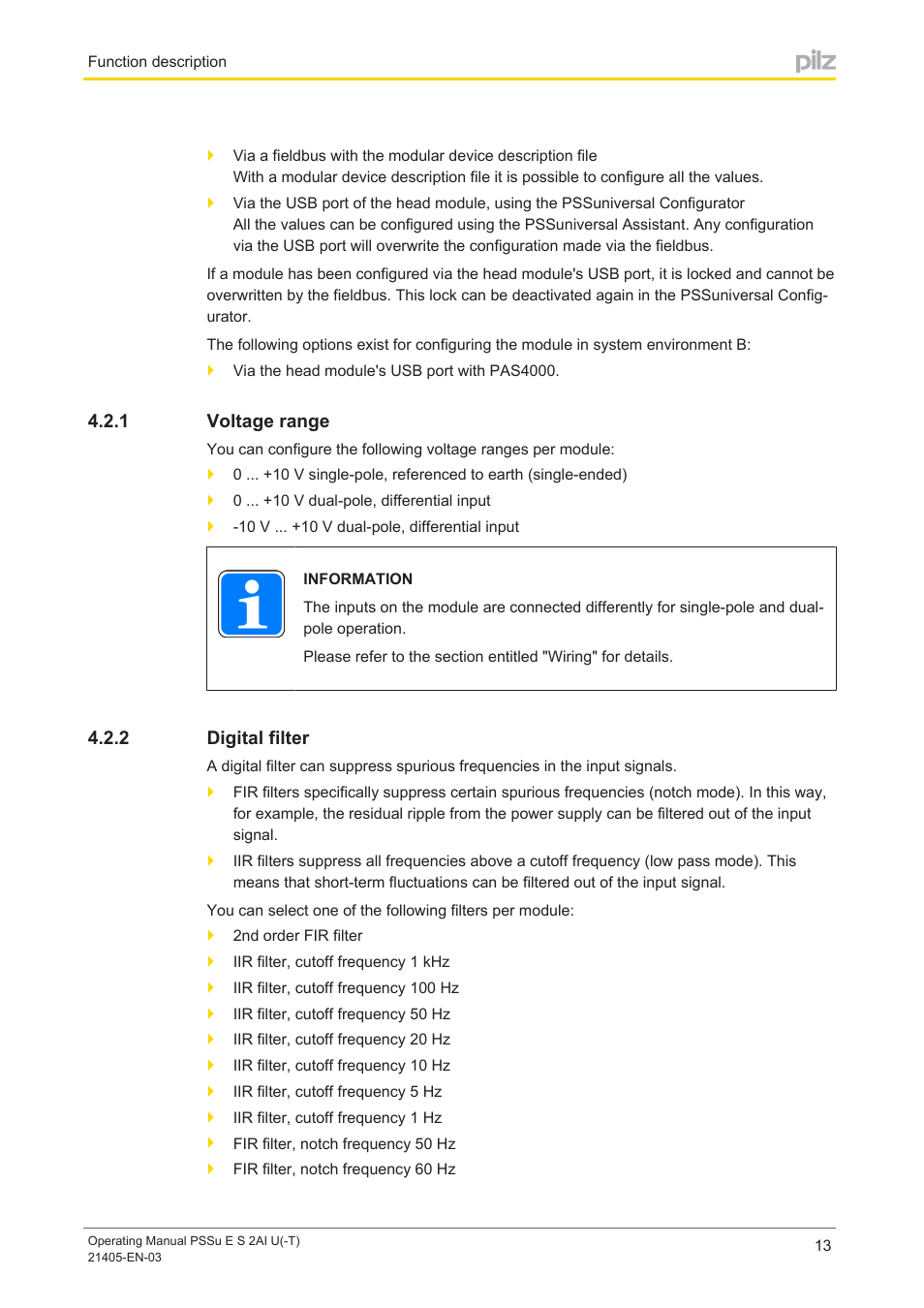 1 voltage range, 2 digital filter, Voltage range | Digital filter | Pilz PSSu E S 2AI U User Manual | Page 13 / 43