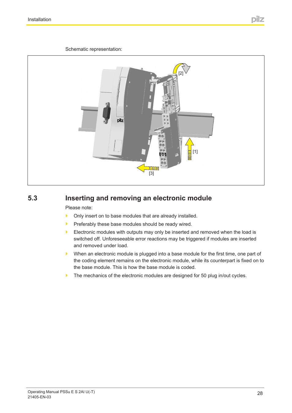 3 inserting and removing an electronic module, Inserting and removing an electronic module | Pilz PSSu E S 2AI U User Manual | Page 28 / 43