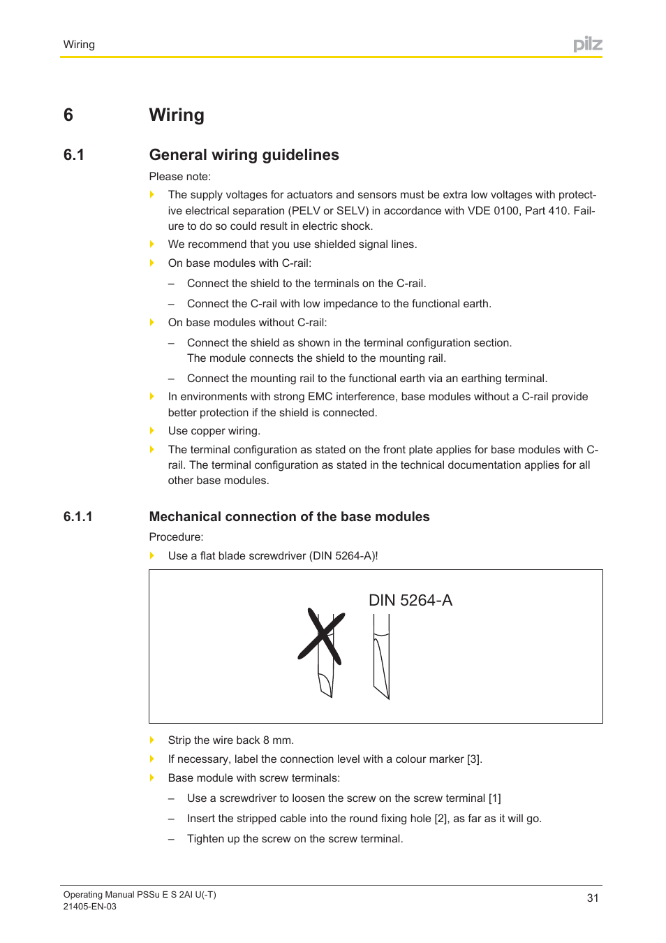6 wiring, 1 general wiring guidelines, 1 mechanical connection of the base modules | Section 6, Wiring, General wiring guidelines, Mechanical connection of the base modules, 6wiring, Din 5264-a | Pilz PSSu E S 2AI U User Manual | Page 31 / 43
