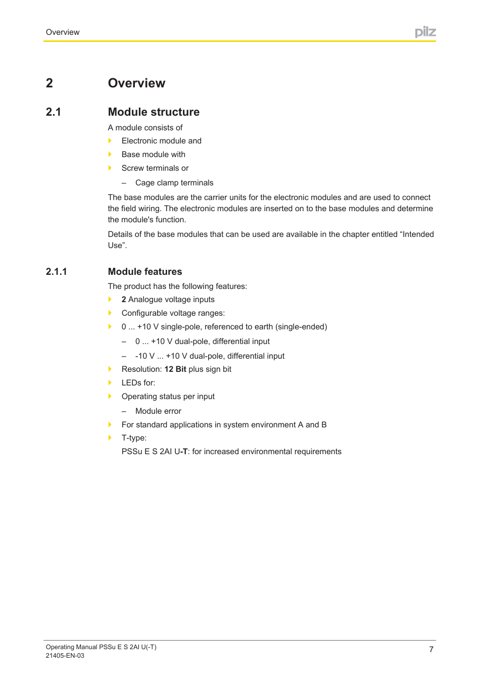 2 overview, 1 module structure, 1 module features | Section 2, Overview, Module structure, Module features, 2overview | Pilz PSSu E S 2AI U User Manual | Page 7 / 43