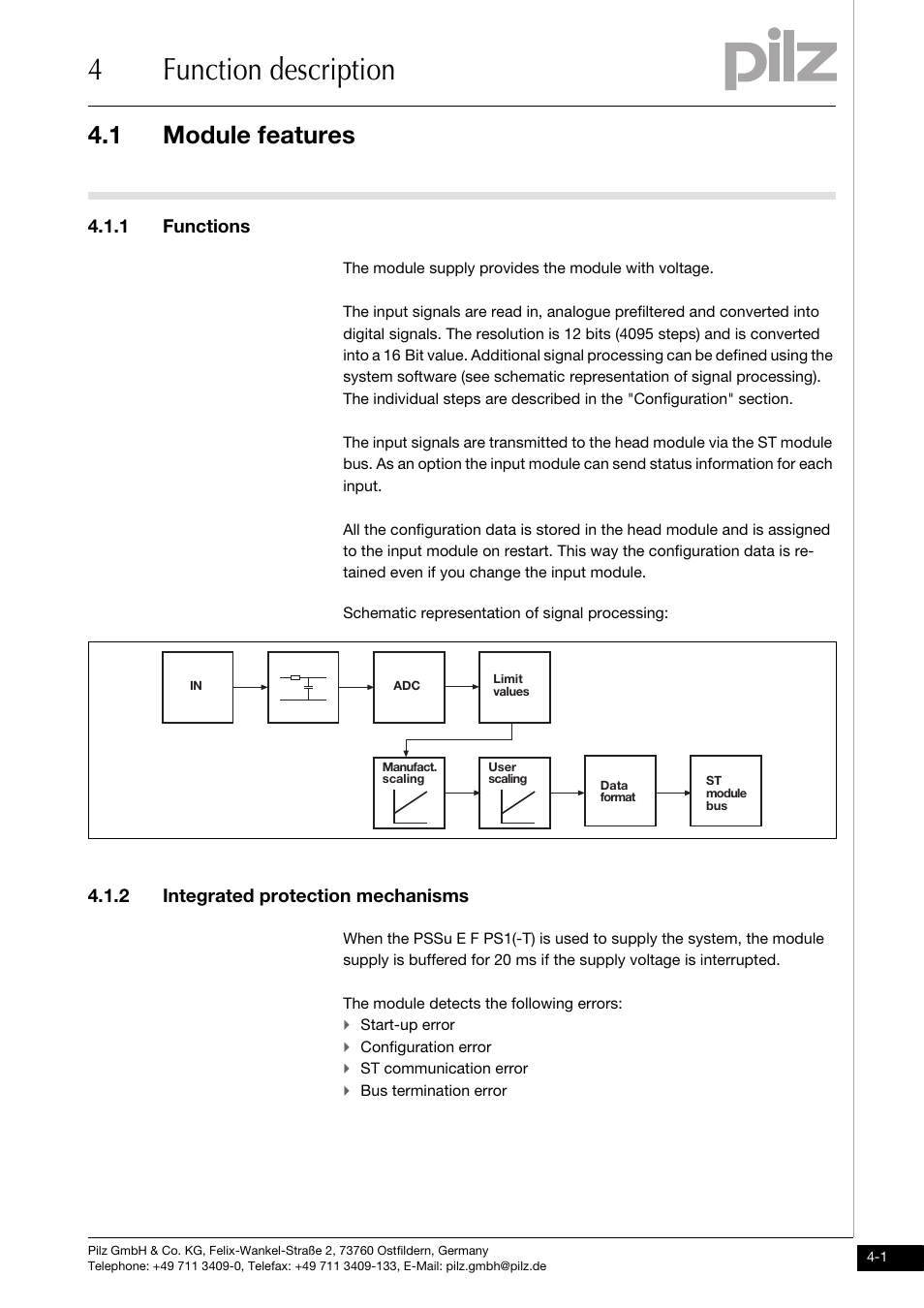 Function description, Module features, Functions | Integrated protection mechanisms, 4function description, 1 module features, 1 functions, 2 integrated protection mechanisms | Pilz PSSu E S 4AI U User Manual | Page 17 / 53