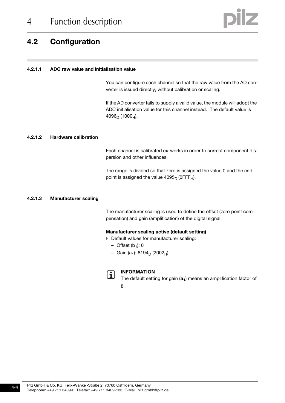 Adc raw value and initialisation value, Hardware calibration, Manufacturer scaling | 4function description, 2 configuration | Pilz PSSu E S 4AI U User Manual | Page 20 / 53