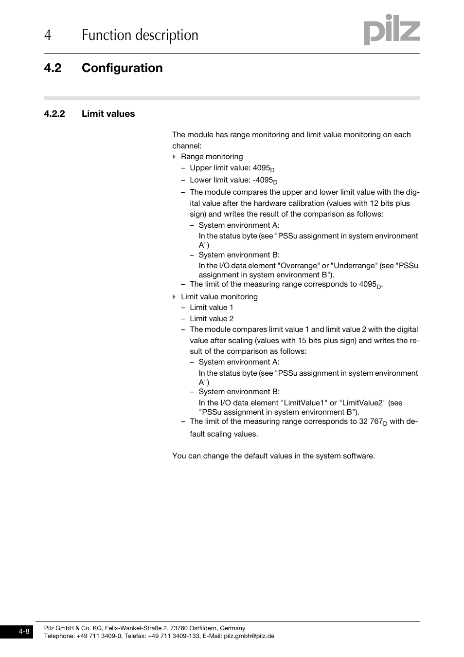 Limit values, 4function description, 2 configuration | 2 limit values | Pilz PSSu E S 4AI U User Manual | Page 24 / 53