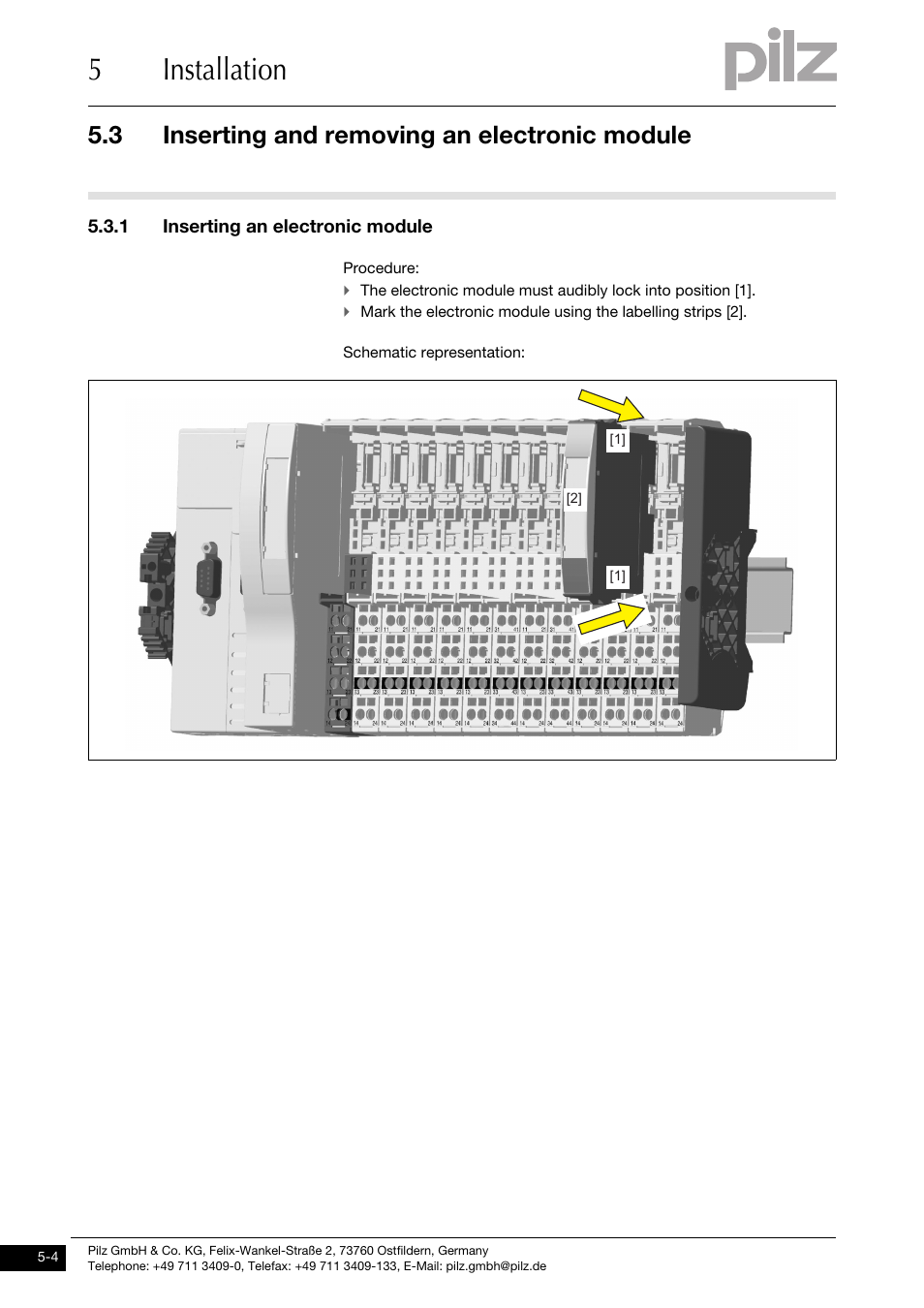 Inserting and removing an electronic module, Inserting an electronic module, 5installation | 3 inserting and removing an electronic module, 1 inserting an electronic module | Pilz PSSu E S 4AI U User Manual | Page 36 / 53