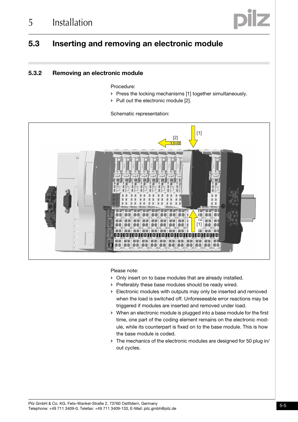 Removing an electronic module, 5installation, 3 inserting and removing an electronic module | 2 removing an electronic module | Pilz PSSu E S 4AI U User Manual | Page 37 / 53