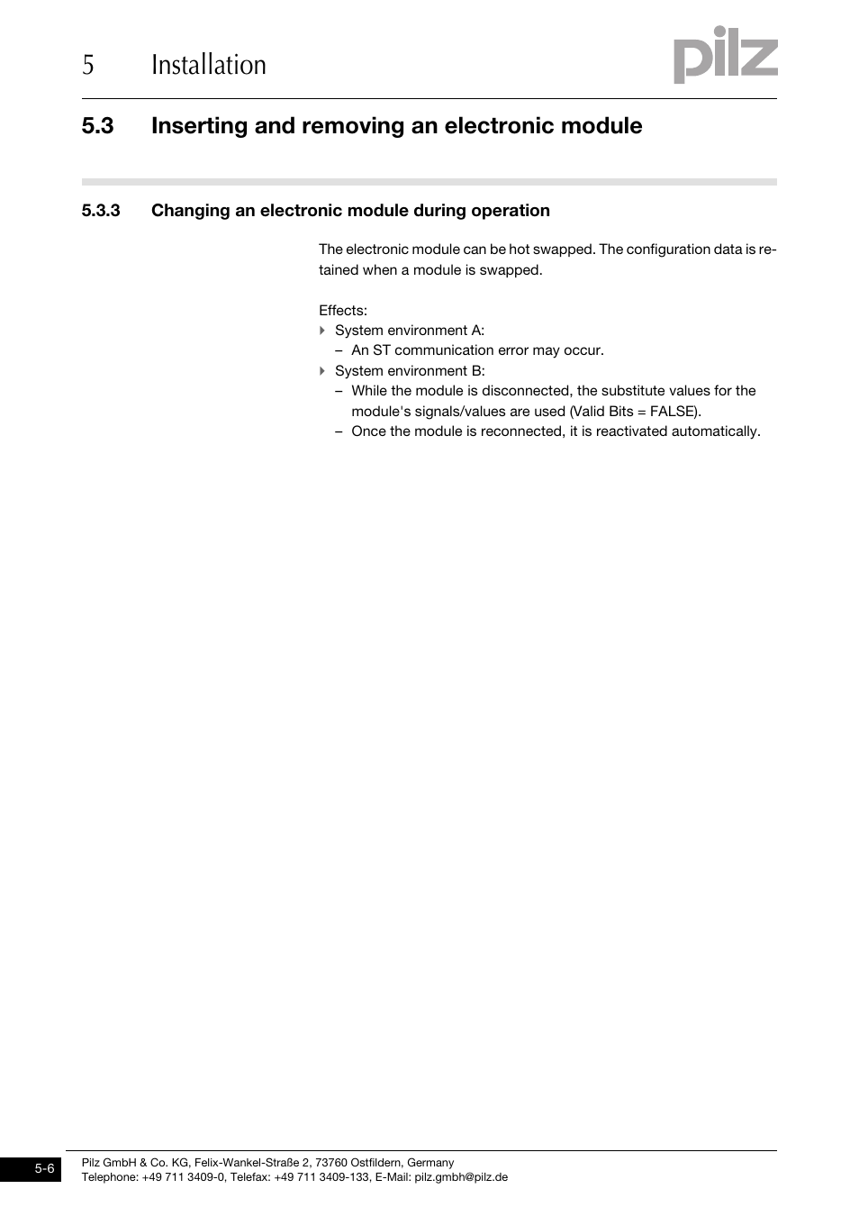 Changing an electronic module during operation, 5installation, 3 inserting and removing an electronic module | Pilz PSSu E S 4AI U User Manual | Page 38 / 53