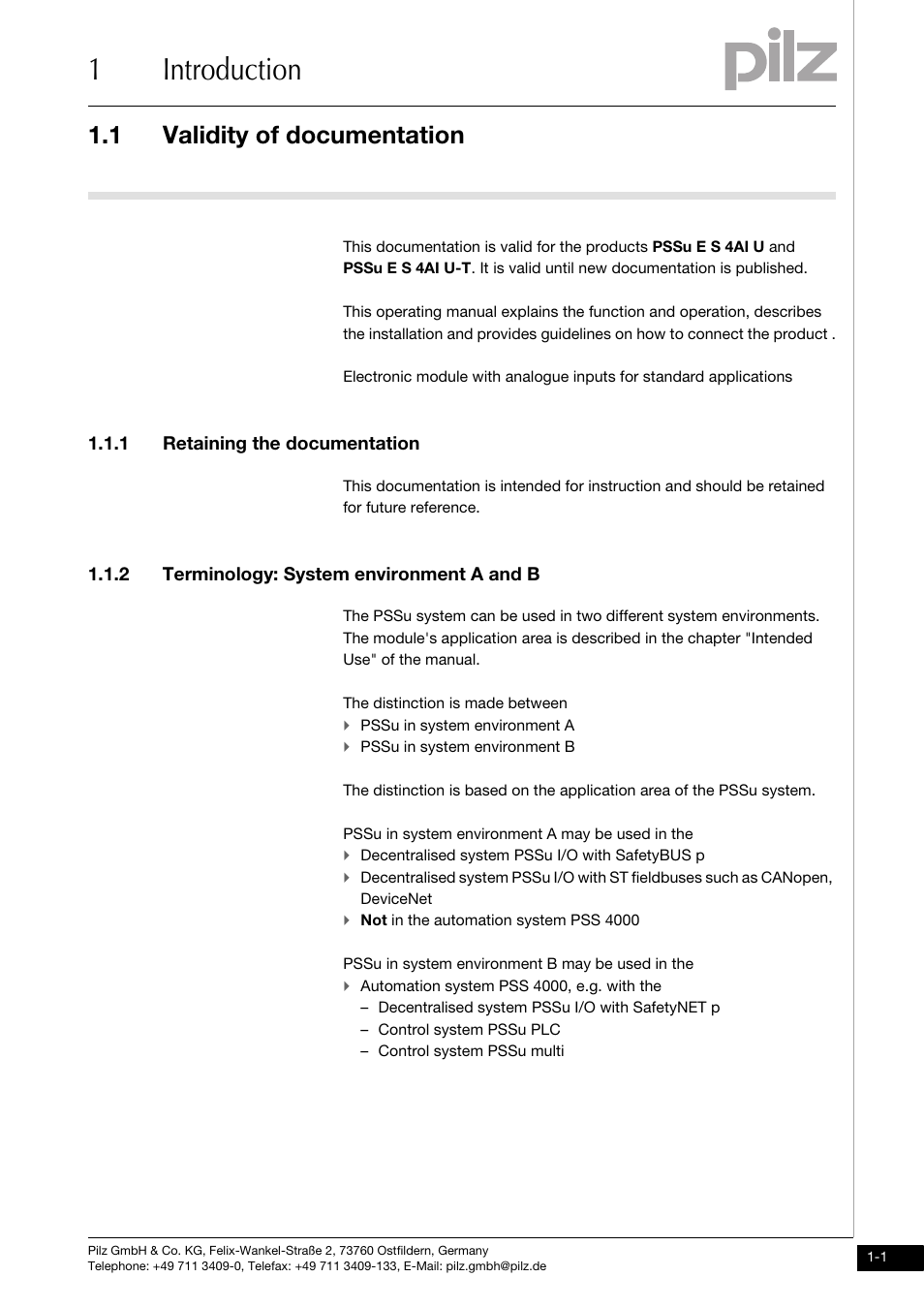 Introduction, Validity of documentation, Retaining the documentation | Terminology: system environment a and b, 1introduction, 1 validity of documentation, 1 retaining the documentation, 2 terminology: system environment a and b | Pilz PSSu E S 4AI U User Manual | Page 5 / 53