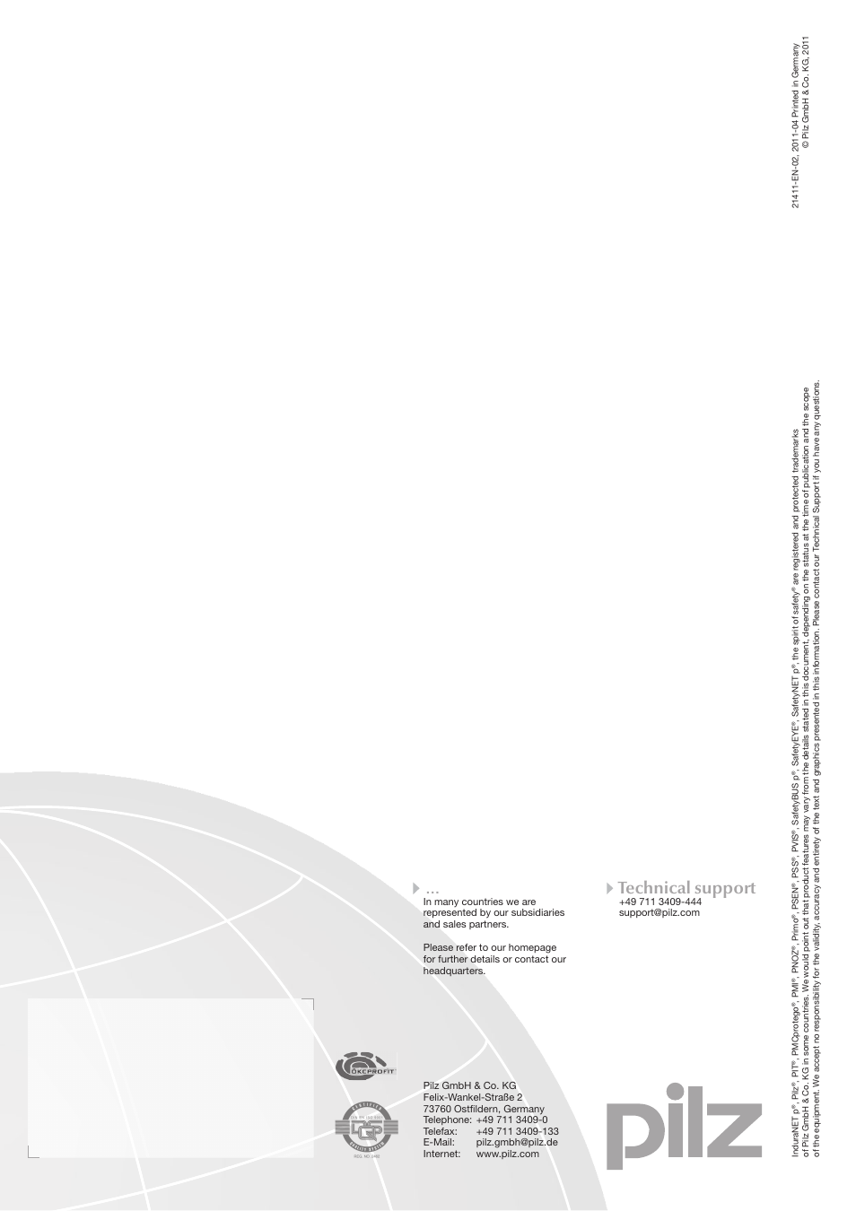 Contact address, Technical support | Pilz PSSu E S 4AI U User Manual | Page 53 / 53