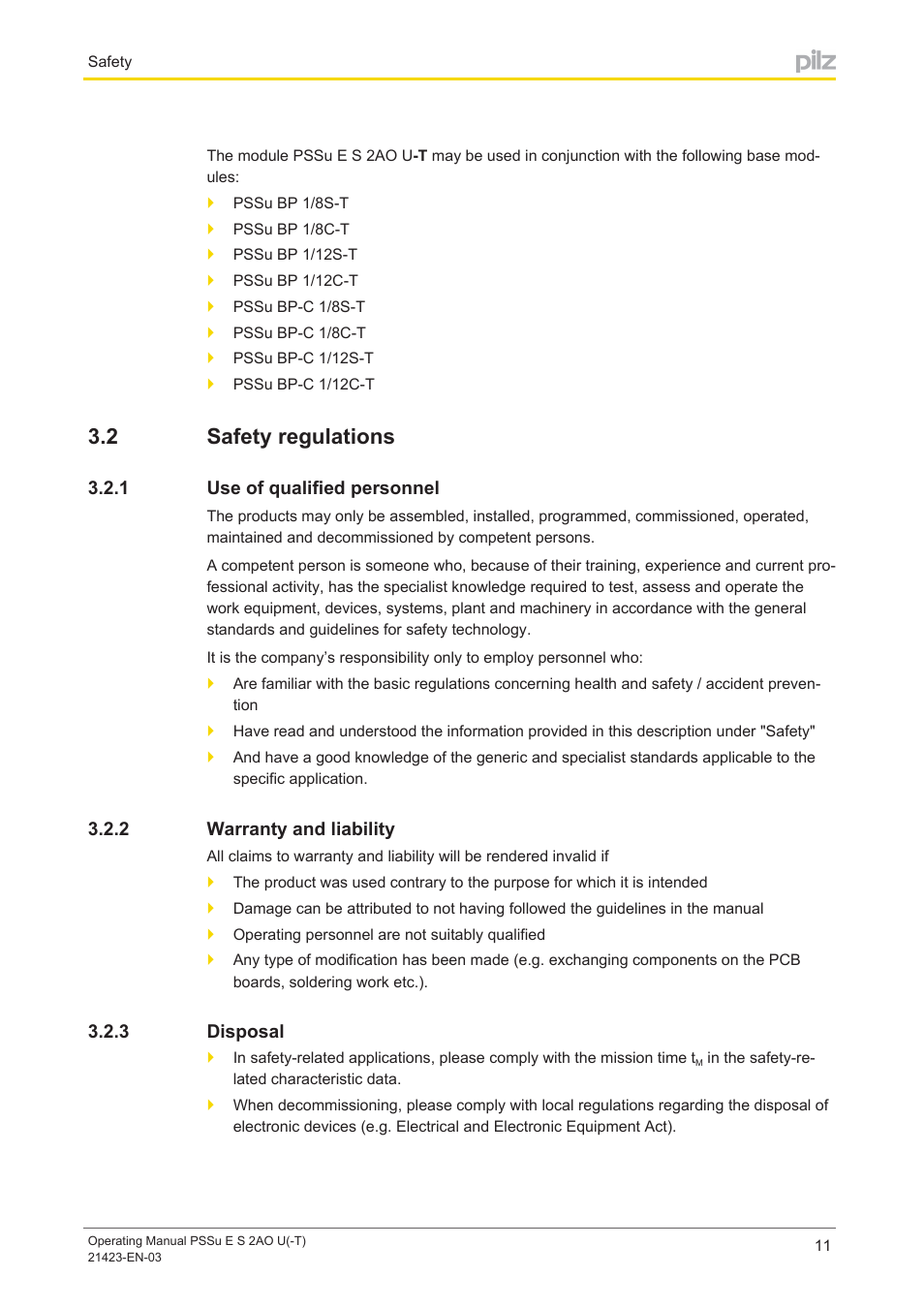 2 safety regulations, 1 use of qualified personnel, 2 warranty and liability | 3 disposal, Safety regulations, Use of qualified personnel, Warranty and liability, Disposal | Pilz PSSu E S 2AO U User Manual | Page 11 / 36