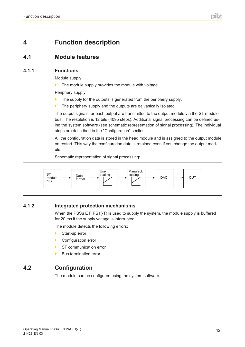 4 function description, 1 module features, 1 functions | 2 integrated protection mechanisms, 2 configuration, Section 4, Function description, Module features, Functions, Integrated protection mechanisms | Pilz PSSu E S 2AO U User Manual | Page 12 / 36
