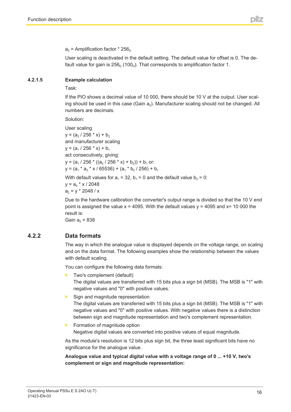 5 example calculation, 2 data formats, Example calculation | Data formats | Pilz PSSu E S 2AO U User Manual | Page 16 / 36