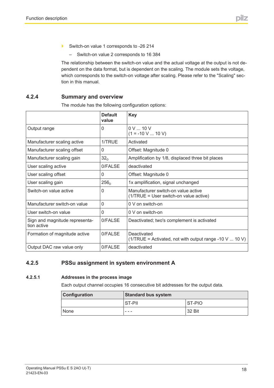 4 summary and overview, 5 pssu assignment in system environment a, 1 addresses in the process image | Summary and overview, Pssu assignment in system environment a, Addresses in the process image | Pilz PSSu E S 2AO U User Manual | Page 18 / 36