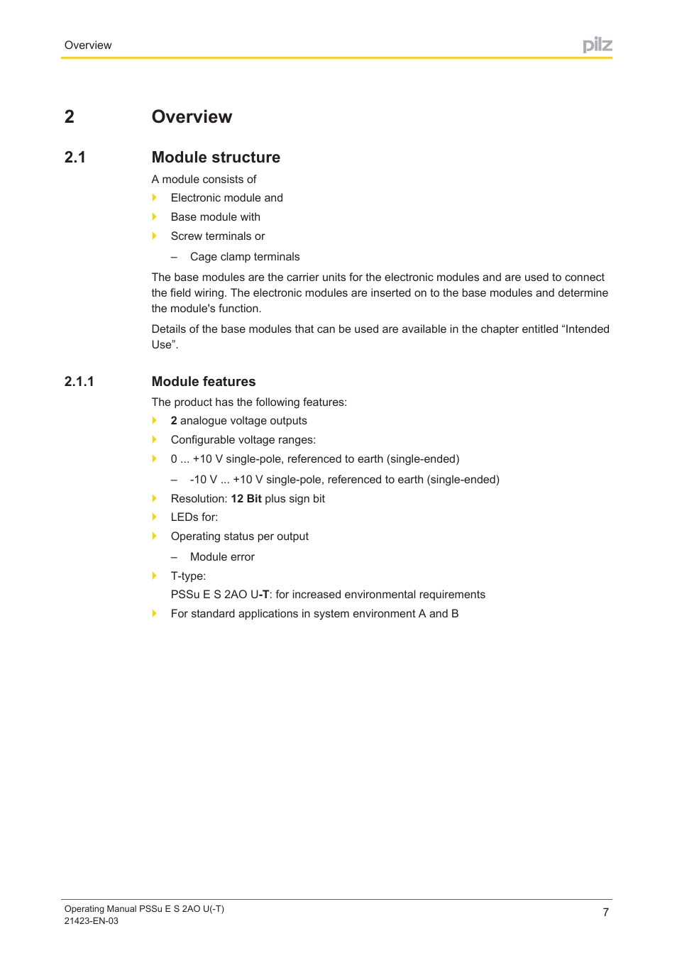 2 overview, 1 module structure, 1 module features | Section 2, Overview, Module structure, Module features, 2overview | Pilz PSSu E S 2AO U User Manual | Page 7 / 36