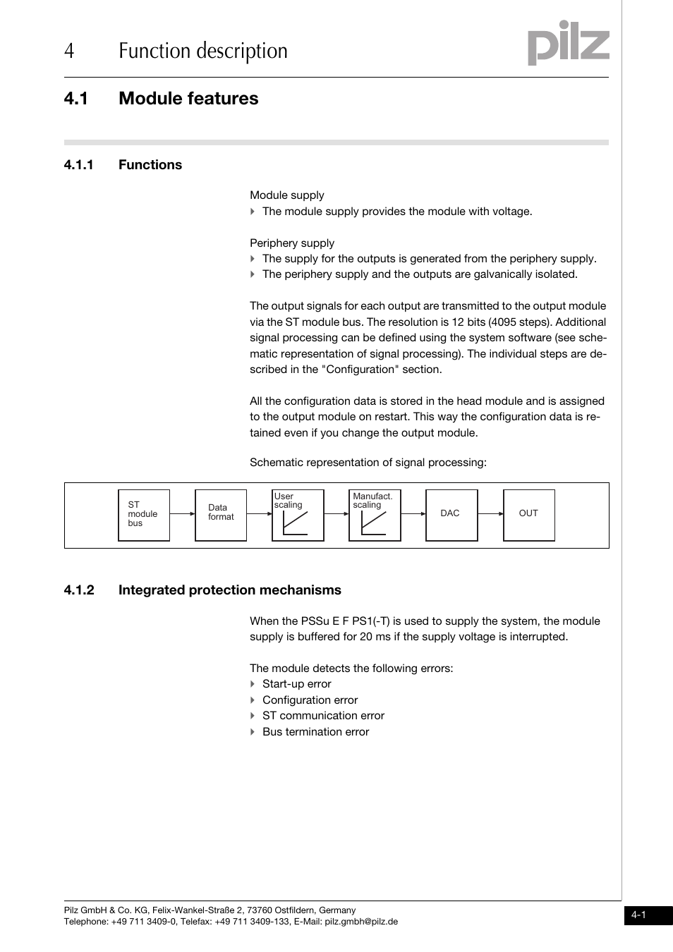 Function description, Module features, Functions | Integrated protection mechanisms, 4function description, 1 module features, 1 functions, 2 integrated protection mechanisms | Pilz PSSu E S 4AO U User Manual | Page 17 / 49