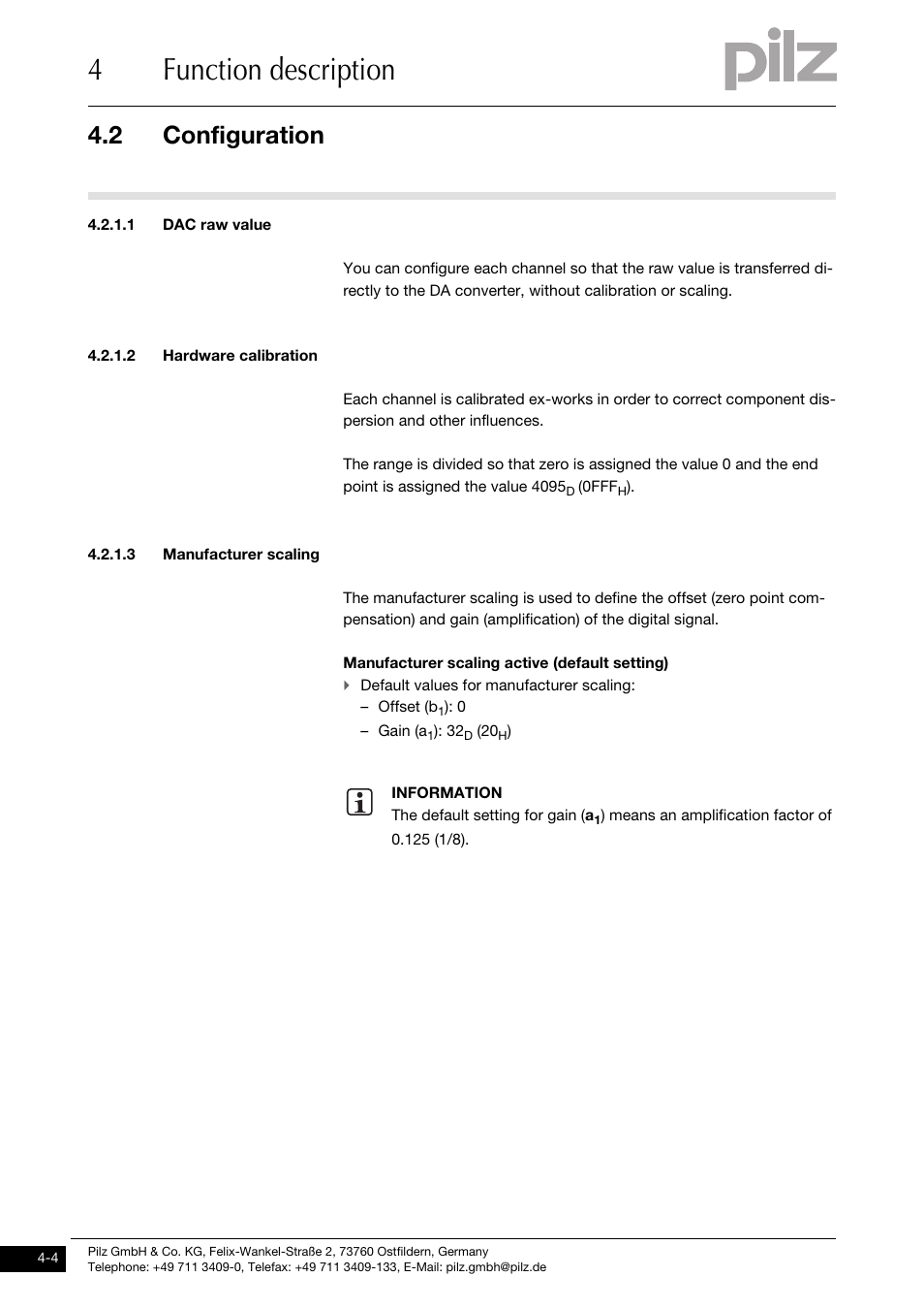 Dac raw value, Hardware calibration, Manufacturer scaling | 4function description, 2 configuration | Pilz PSSu E S 4AO U User Manual | Page 20 / 49