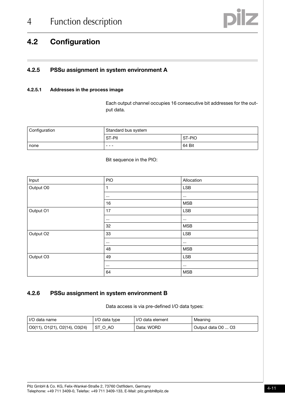 Pssu assignment in system environment a, Addresses in the process image, Pssu assignment in system environment b | 4function description, 2 configuration, 5 pssu assignment in system environment a, 6 pssu assignment in system environment b | Pilz PSSu E S 4AO U User Manual | Page 27 / 49