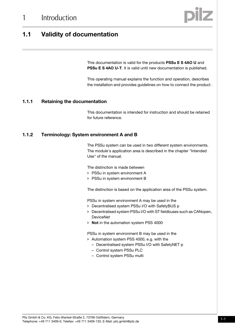Introduction, Validity of documentation, Retaining the documentation | Terminology: system environment a and b, 1introduction, 1 validity of documentation, 1 retaining the documentation, 2 terminology: system environment a and b | Pilz PSSu E S 4AO U User Manual | Page 5 / 49