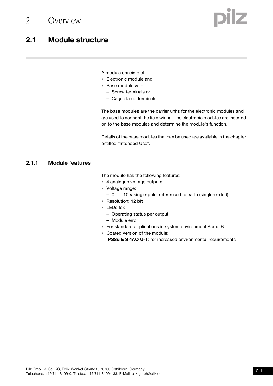 Overview, Module structure, Module features | 2overview, 1 module structure, 1 module features | Pilz PSSu E S 4AO U User Manual | Page 9 / 49