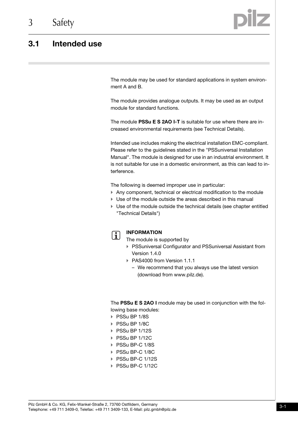 Safety, Intended use, 3safety | 1 intended use | Pilz PSSu E S 2AO I User Manual | Page 13 / 47