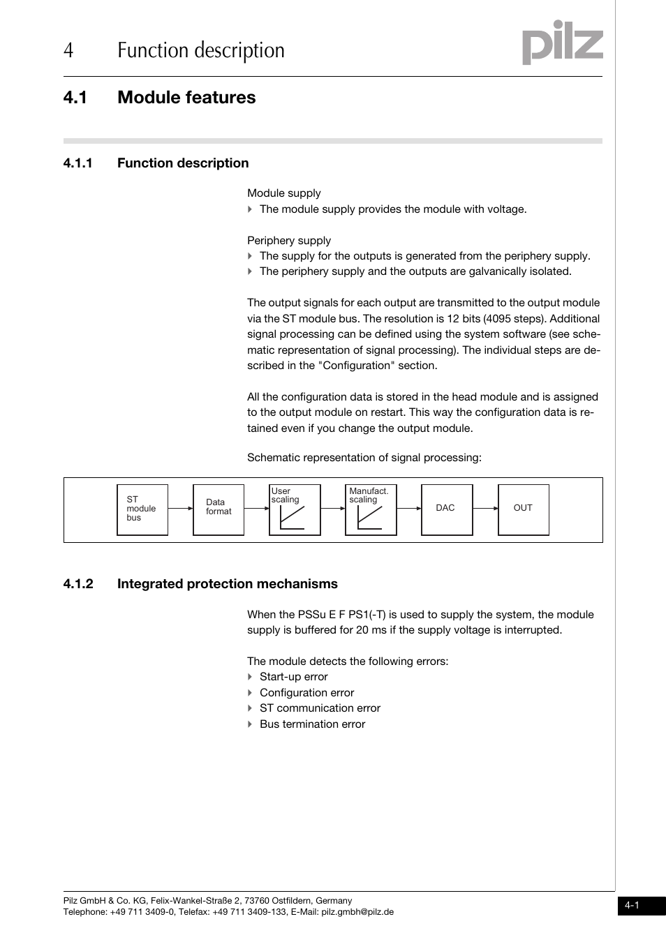 Function description, Module features, Integrated protection mechanisms | 4function description, 1 module features, 1 function description, 2 integrated protection mechanisms | Pilz PSSu E S 2AO I User Manual | Page 17 / 47