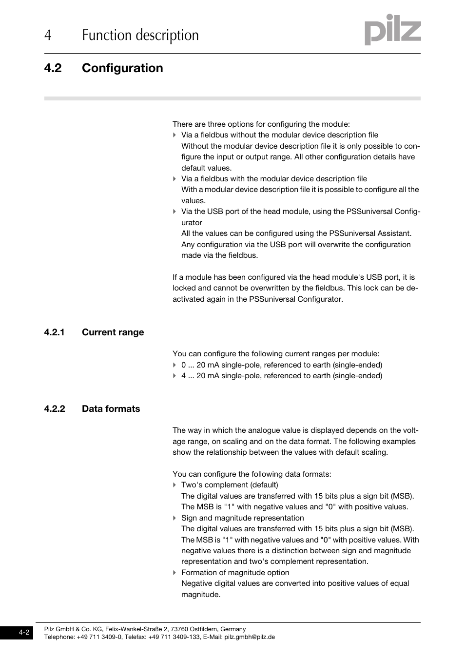 Configuration, Current range, Data formats | 4function description, 2 configuration, 1 current range, 2 data formats | Pilz PSSu E S 2AO I User Manual | Page 18 / 47