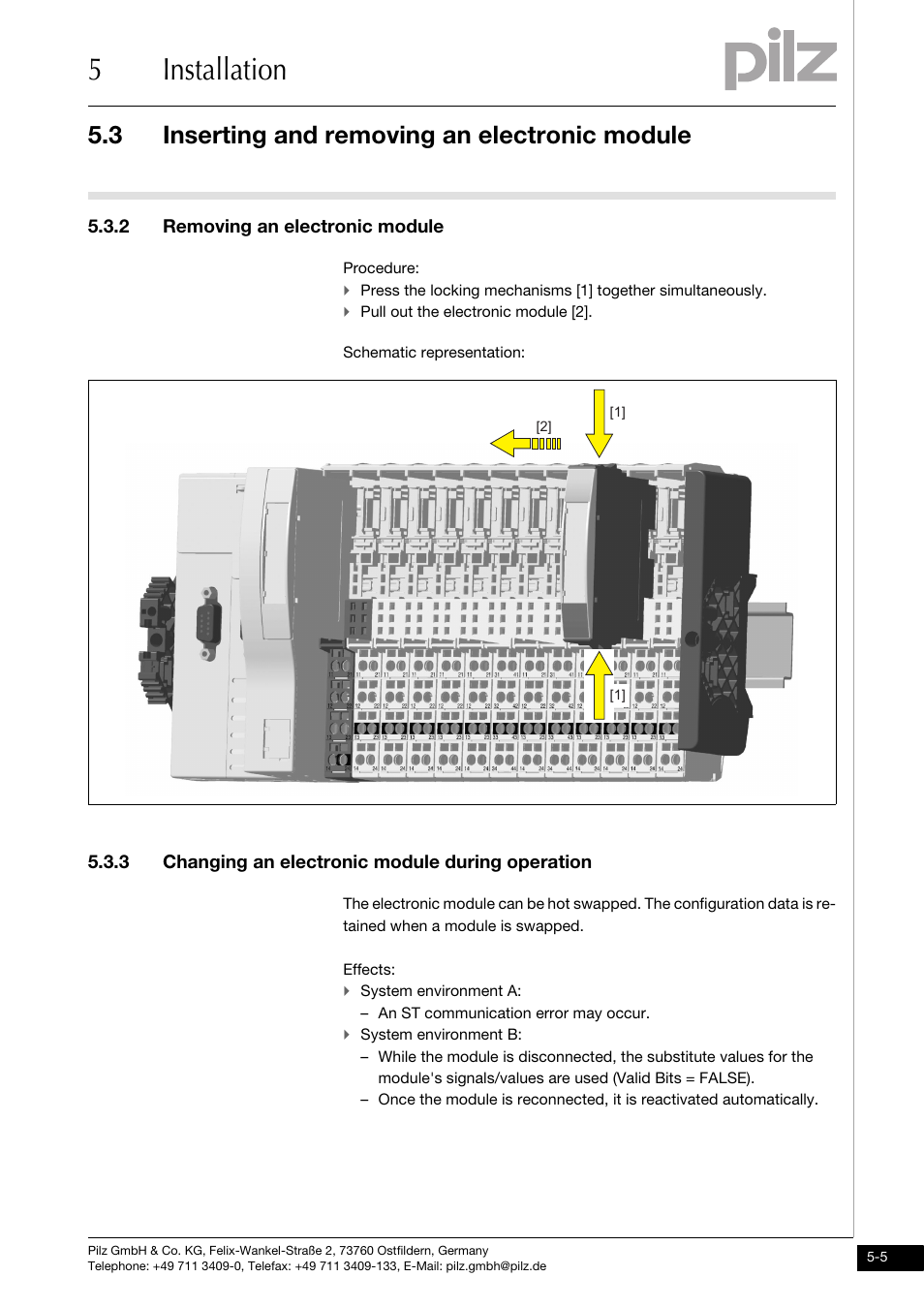 Removing an electronic module, Changing an electronic module during operation, 5installation | 3 inserting and removing an electronic module, 2 removing an electronic module, 3 changing an electronic module during operation | Pilz PSSu E S 2AO I User Manual | Page 33 / 47