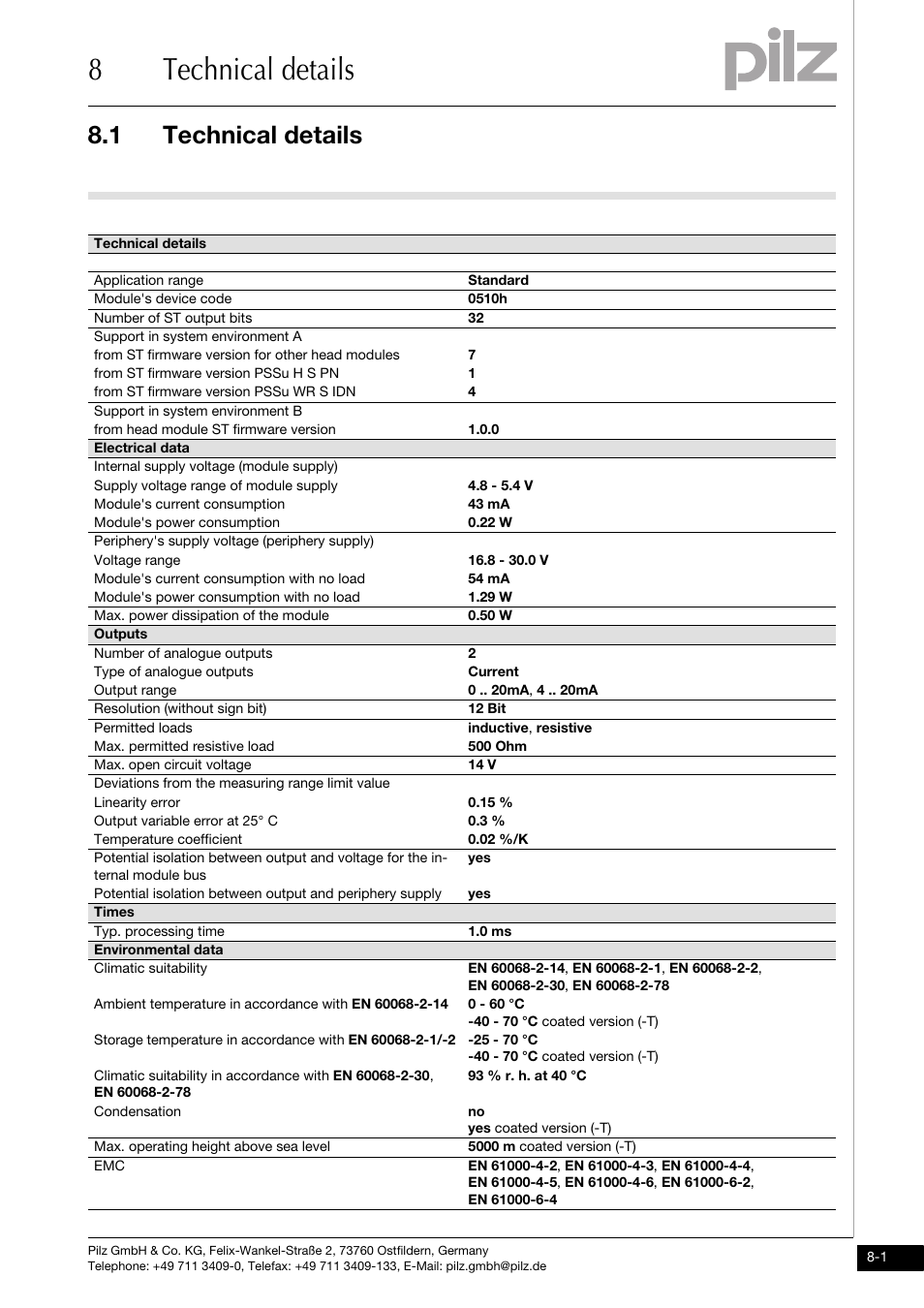 Technical details, 8technical details, 1 technical details | Pilz PSSu E S 2AO I User Manual | Page 43 / 47