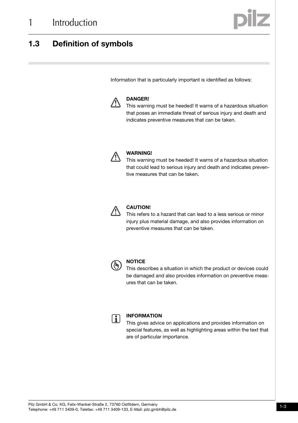 Definition of symbols, 1introduction, 3 definition of symbols | Pilz PSSu E S 2AO I User Manual | Page 7 / 47